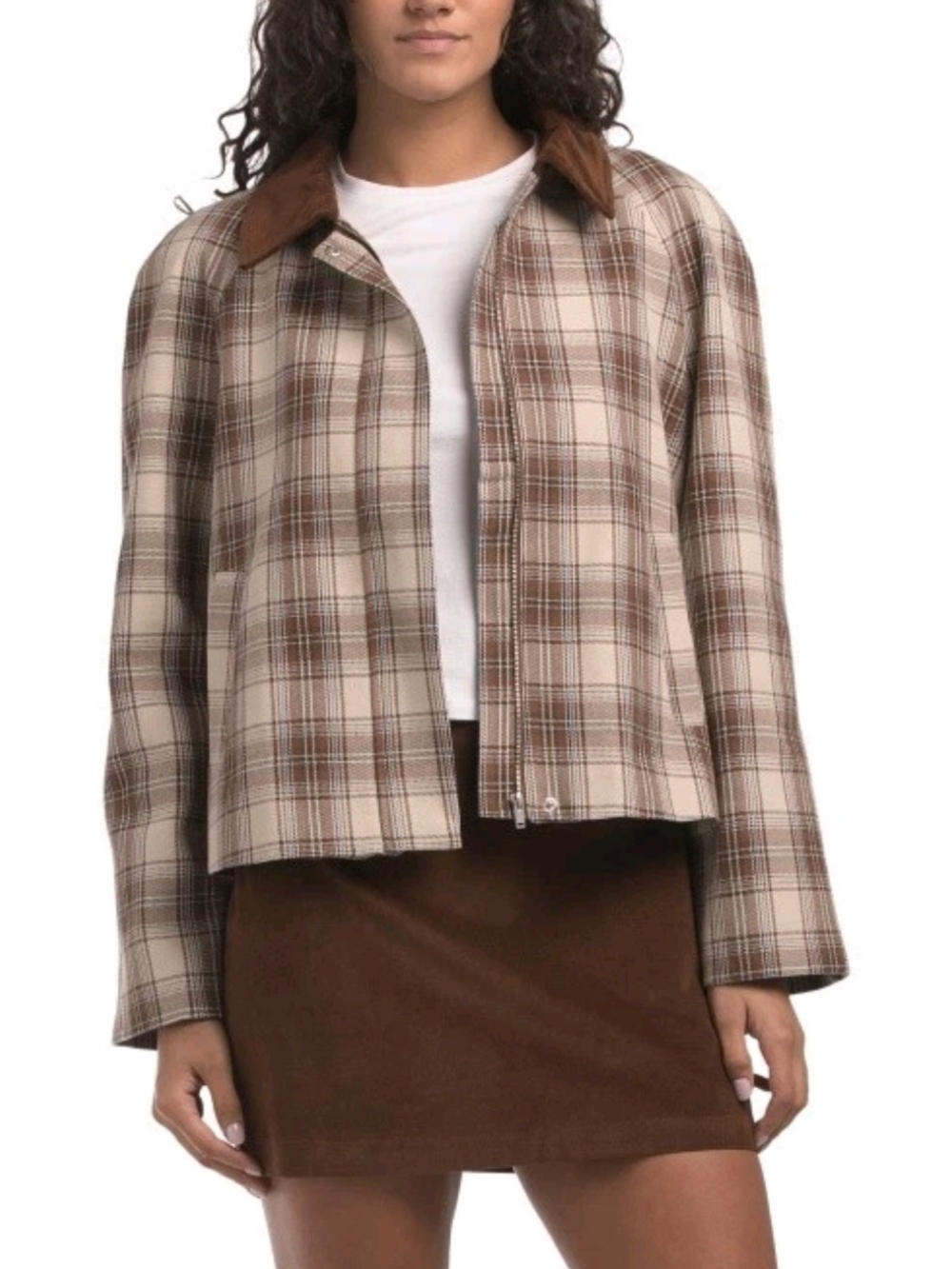Christian Lacroix Women Plaid Brown Cream Cotton Faux Suede Collar Jacket Size 8